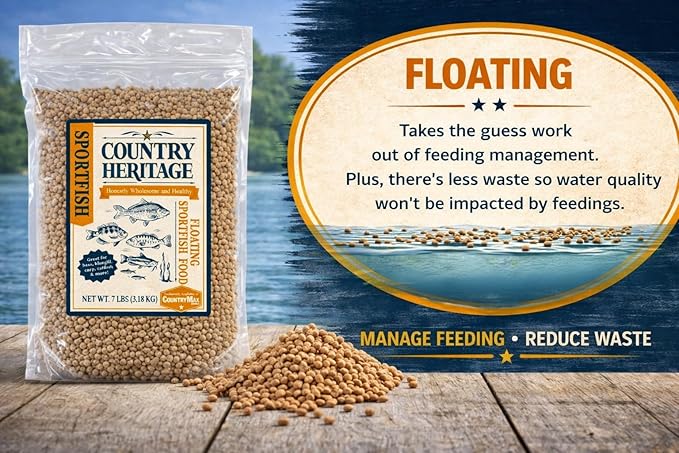 CountryMax Floating Sportfish Game Fish Food – 32% Protein, 7 lb Bag – Ideal for Bass, Bluegill, Catfish, Carp, Minnows & More – Pond & Lake Use