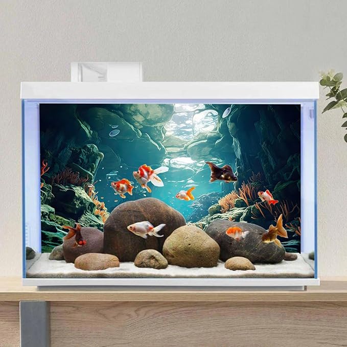 AWERT 30x18 inches Polyester Ocean Floor Fish Tank Background Underwater Coral Reef Stone Aquarium Background Seaweed Cave Sunlight Fish Tank Background