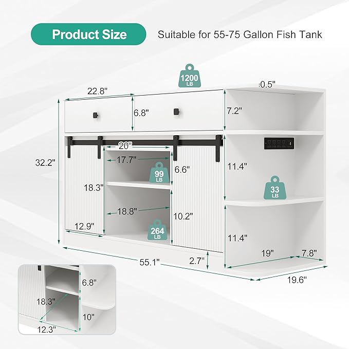 55-75 Gallon Fish Tank Stand with LED Light & Power Outlet, 55.1" Heavy Duty Aquarium Stand with Sliding Fluted Doors, Shelves and Cabinets for Turtle Tank/Reptile Terrarium, 1200LBS Capacity, White