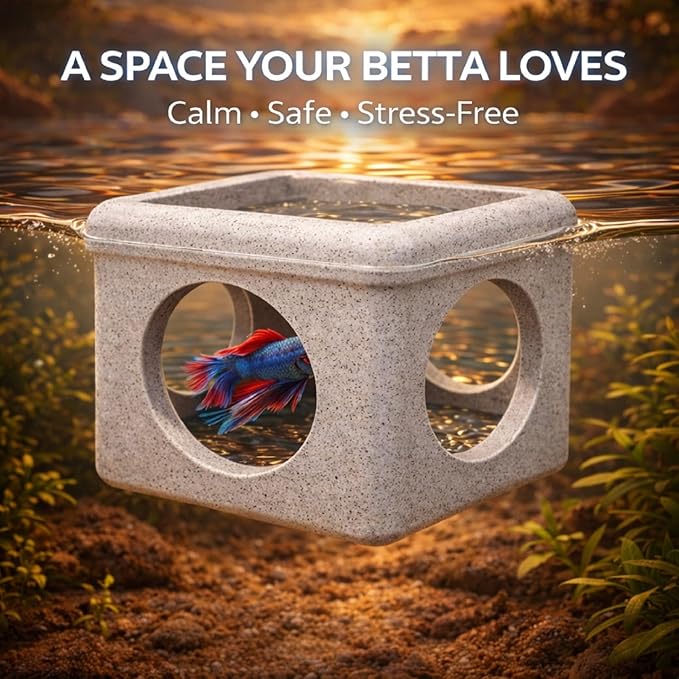 CPLIKE Marble Floating Betta Fish Hideout with Viewing Window & Round Holes – Floating Cave Hammock, Feeding Platform & Rest Tunnel – Betta Fish Shelter for Nano Tanks, Bowls & Small Aquariums