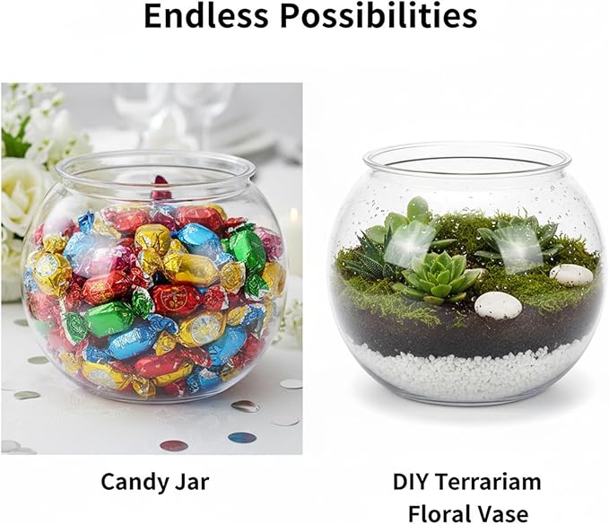 1 Gallon Plastic Fish Bowl, Shatterproof Clear Round Goldfish Betta Tank, Small Bubble Bowl Vase for Centerpiece, Candy Jar, Carnival Game & Party Drink Container