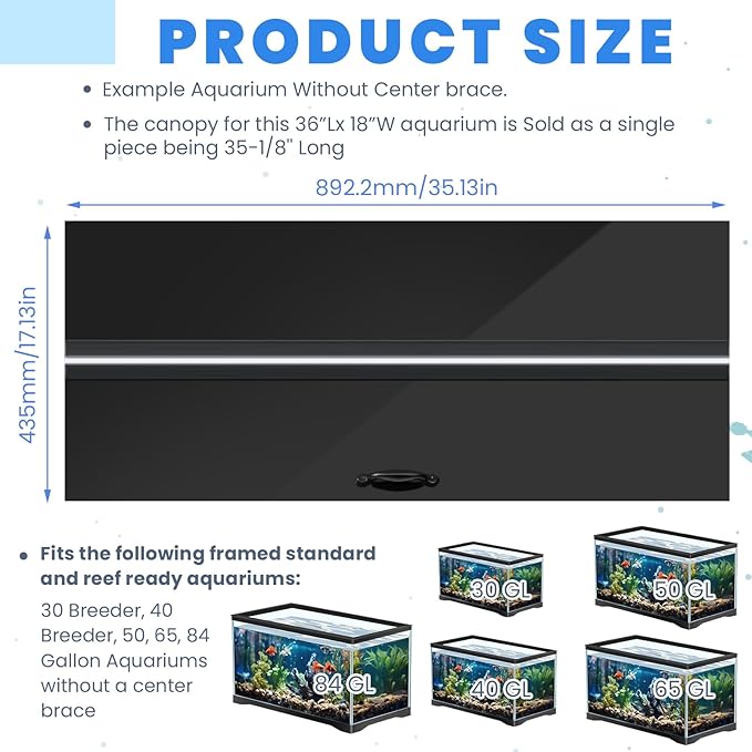 Sieral Aquarium Polycarbonate Canopy Set 35.13 x 17.13 x 0.12 Inch for 50/65/84 Gallon Without Center Brace Aquariums Cover Fish Tank Lid with a Hook Knife, Black