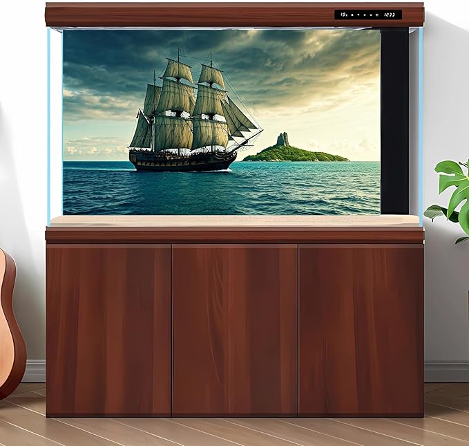 Black Pearl Pirate Ship Aquarium Background Steampunk Artistic Sailboat Caribbean Sea Fish Tank Background Tropical Island Menacing Clouds Seascape Terrarium Backgrounds for Tank Decors 72x16in