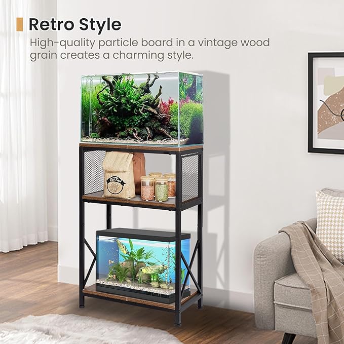 SwaaVee 10 Gallon Fish Tank Stand, Heavy-Duty 3-Tier Metal Storage Cabinet, Rustic Brown Aquarium Stand for Fish, Turtle & Reptile Terrariums (Rustic Brown)