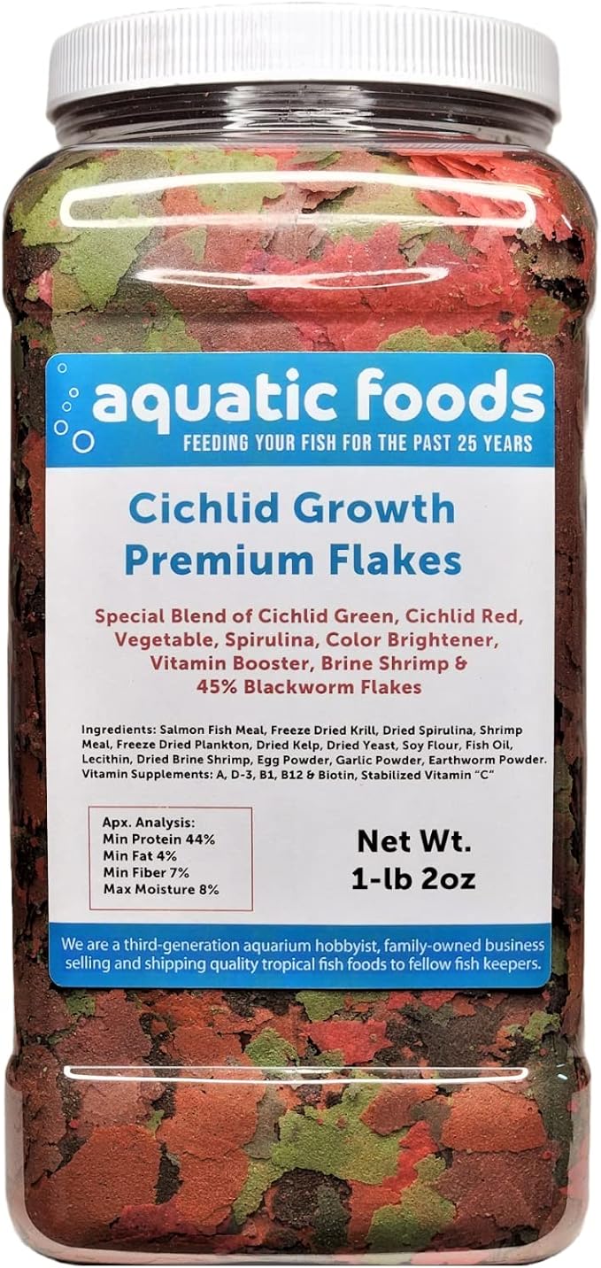 Cichlid Growth Flakes, Ultra 8-Type Premium Flake Mix for Discus, Cichlids, All Tropicals. Aquatic Foods Premiun Flake - 1-lb 2oz Lg Jar