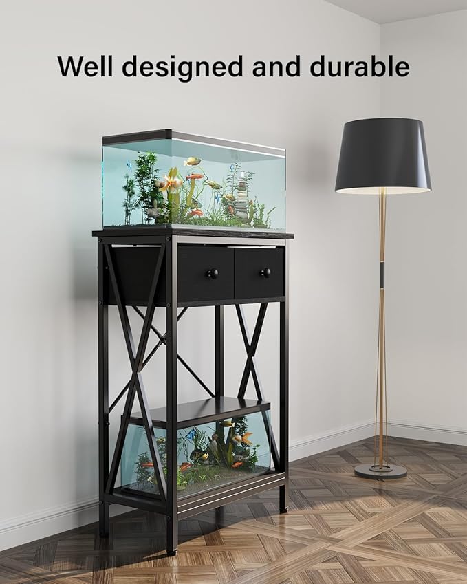 Fish Tank Stand for 5-10 Gallon Fish Tank: Aquarium Stand with Accessories - Metal 10 Gallon Tank Stand with Cabinet Drawer Storage for Turtle Tank, Reptile Terrarium (Black, 220LBS Capacity)