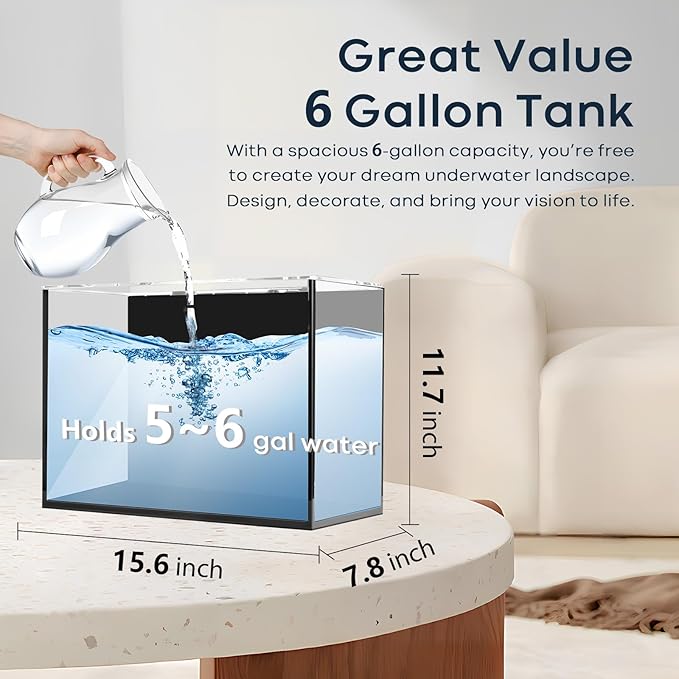 6 Gallon Glass Fish Tank 5 Gallon, Small Aquarium Fish Bowl Cube for Betta Goldfish Snails Shrimp Aquatic Planting, Easy to Maintain Ultra Clear Rimless Design Low Iron