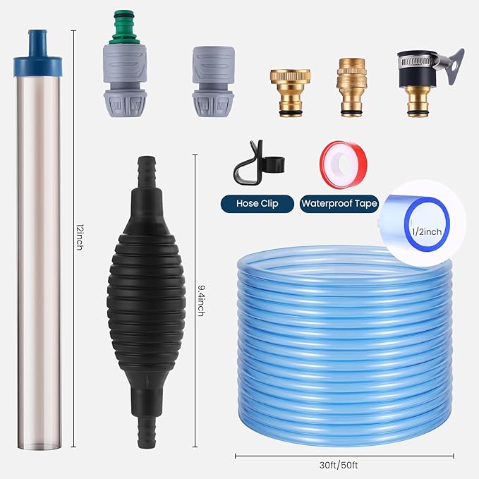 Fish Tank Vacuum Gravel Cleaner Gravel Vacuum for Aquarium，Siphon Aquarium Water Changer for Fish Tank with Four Faucet Adapter and Long Hose(50 Feet)