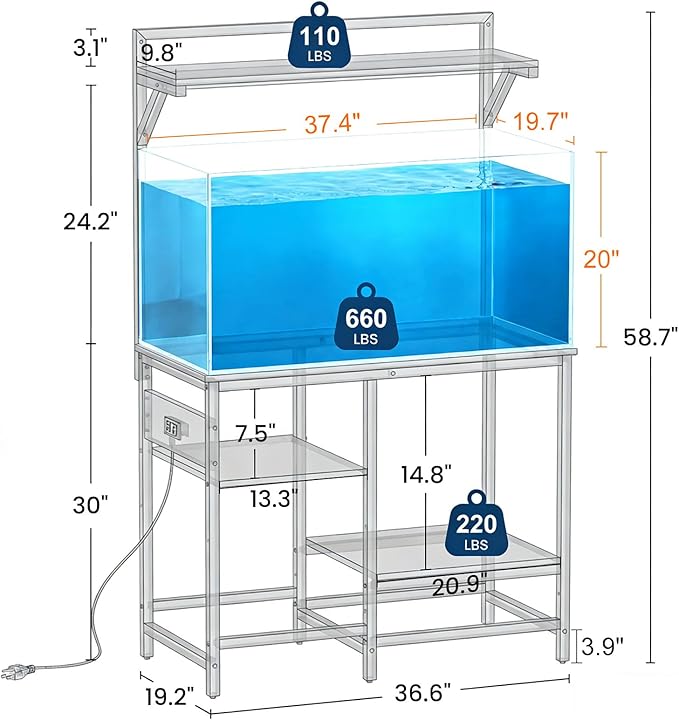 40 Gallon Fish Tank Stand, Aquarium Stand with Power Outlet, Heavy-Duty Reptile Terrarium Stand Table with Top Shelf and 4-Tier Adjustable Storage Shelves, 37.4" L x 19.7" W x 30" H(Black)