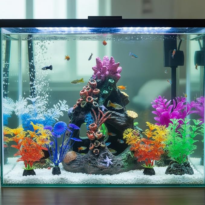 PINVNBY 5 PCS Colorful Coral Small Fish Tank Decorations, Resin Mountain Ornament and Artificial Aquarium Plants for Goldfish Betta Fish Tank Cave Hideout Sleep Rest Play Breed