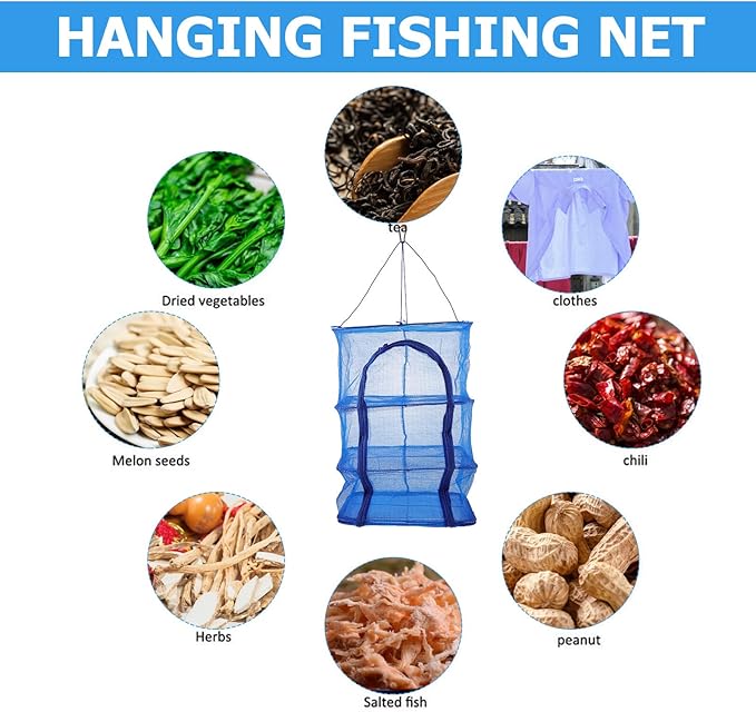 BESPORTBLE Mesh Food Drying Rack Folding Fish Drying Net 4-Layer Hanging Dryer Collapsible Dry Net with Zippers for Shrimp Fish Fruit Vegetables (66X35X35Cm)