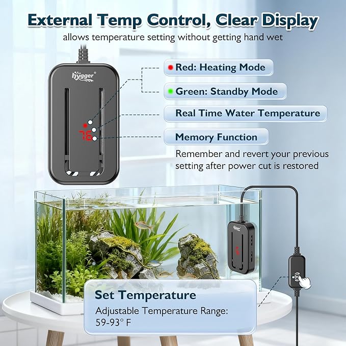 hygger 35-45 Gallon Short Fish Tank Heater, 250W Adjustable Submersible Aquarium Heater with Digital Display Controller, Run Dry & Overheating Protection