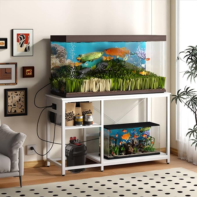 BEURUKU 55-75 Gallon Fish Tank Stand with Power Outlet & LED Light, Metal Aquarium Stand with 3 Tier Adjustable Storage Shelves, Tank Stand for Reptile Tank, Turtle Tank, 52" L*19.5" W, White