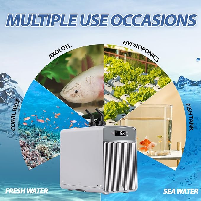 Poafamx Aquarium Chiller 42Gal Water Chiller for Fish Tank 1/10 HP Water Cooler Refrigeration Compressor for Axolotl Hydroponics System Saltwater Freshwater Coral Jellyfish with Pump and Pipe 110V