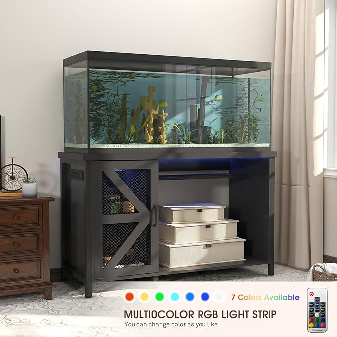 OC Orange-Casual 55-75 Gallon Aquarium Stand with LED Lighting & Power Outlets - Heavy Duty Metal Fish Tank Cabinet with Adjustable Shelves, 1000LB Capacity, Black