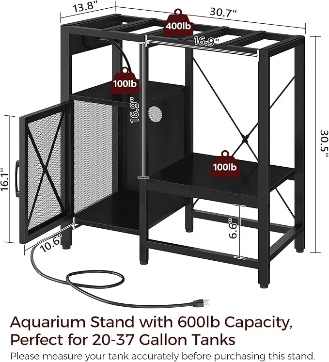 MAHANCRIS 20-37 Gallon Fish Tank Stand, Aquarium Stand with Power Outlet and Storage Cabinet, Heavy Duty Tank Stand Suitable for Turtle Tank, Reptile Terrarium, for Home Office, Black FTHB40E01