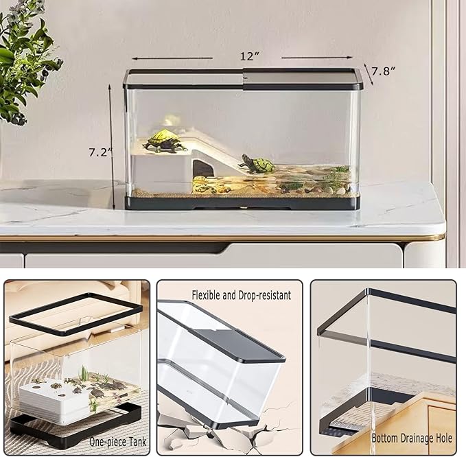 Upgraded 3 GAL Turtle Tank Kit(Tank+3.5W Filter+Basking Platform),Fish Tank Starter Kit, Aquarium for Crabs,Fishes,Amphibians,Reptiles(12 * 7.7 * 7.2 Inch)