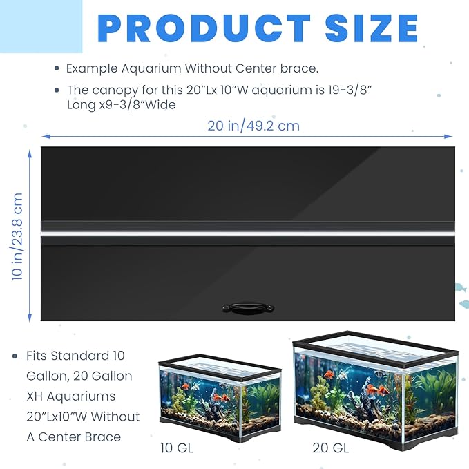 Sieral Aquarium Polycarbonate Canopy Set 19.37 x 9.37 x 0.12 Inch for 10/20 Gallon Without Center Brace Aquariums Cover Fish Tank Lid with a Hook Knife, Black
