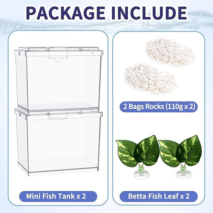 MoonOrange Mini Betta Fish Tank, Small Fish Bowl for Temporary Space, 0.2 Gallon Stackable Cube Tank with Betta Leaf and Gravels for Small Fish, Insect, Shrimp, Crab, Spider.(Pack-2)