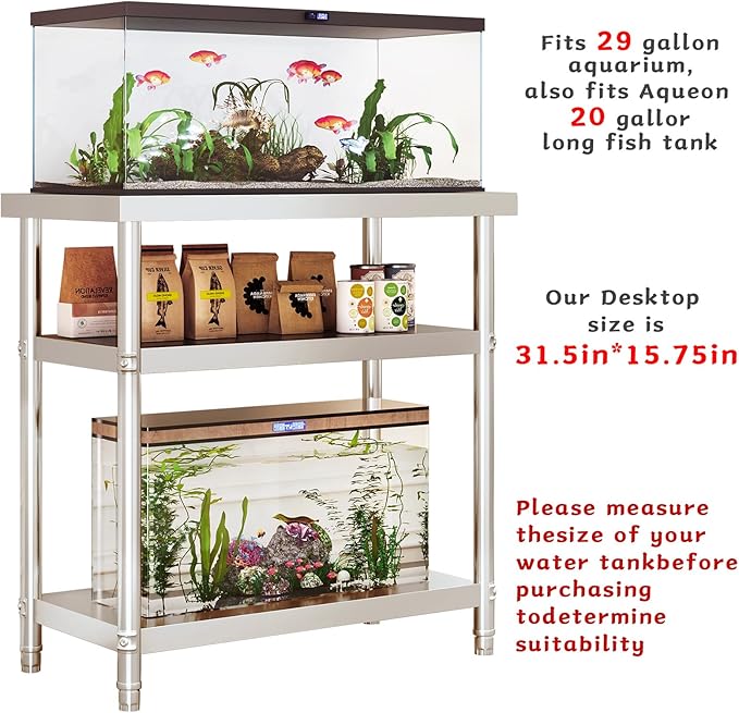 Stainless Steel 20-29-30 Gallon Fish Tank Stand 20+ Gallon Aquarium Stand Long Aquarium Table Double Fish Tank Shelf Terrarium Stand 31.5" L*15.75" W Tabletop