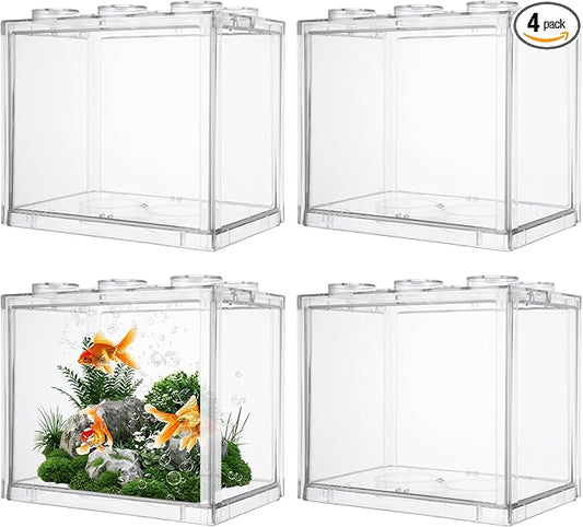 4PCS Plastic Small Betta Fish Tank, 0.6 Gallon Stackable Fish Bowl, Cube Fish Aquarium Tank for Shrimp, Turtle, Small Crab (Clear)