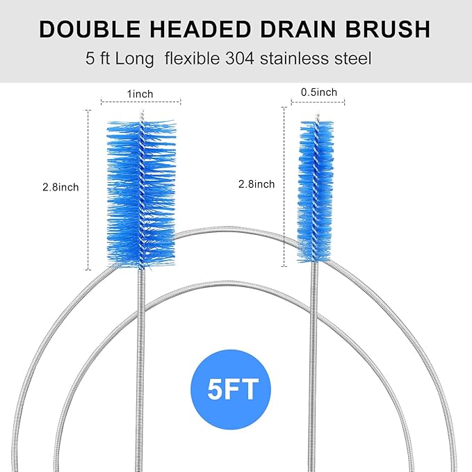 Flexible Drain Brush Cleaner Kit – 5ft Long Elastic Double Head Nylon Cleaning Brush + 3pcs 10inch Straw Brushes for Aquarium Water Filter Pipe Hose Air Tube Fish Tank Tub Sinks Glass Vase