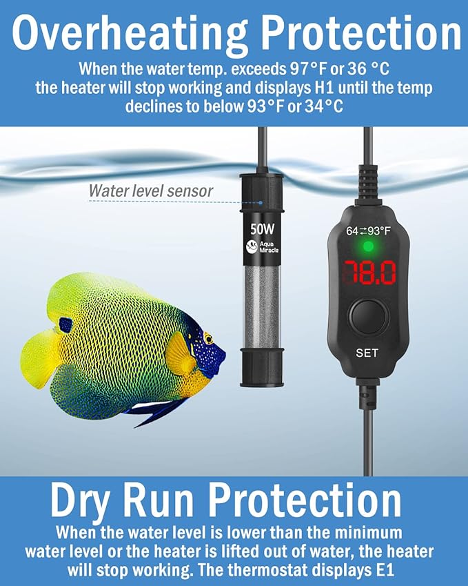 AquaMiracle Aquarium Heater 50W Fish Tank Heater for 5-10 Gal Tanks, LED Digital Display Thermostat Turtle Heater with Out-of-Water Auto Shut-Off, Overheat Protection & Memory Function