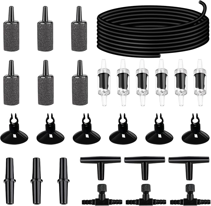 NestBasics 19.68 feet Black Aquarium Airline tubing 6 air Stone for Aquarium 6 Aquarium Check Value for Fish Tank 6 Aquarium Suction Cups 3 Each Aquarium air Controller and I T Hose connectors