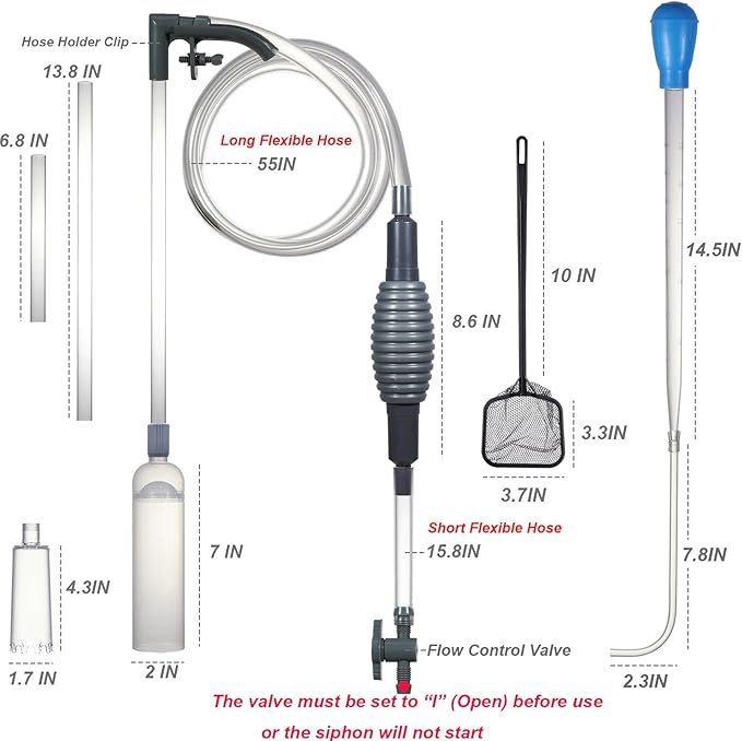 Aquarium Siphon Vacuum Cleaner Kit with Dual Vacuum Tubes, Brush Head, Turkey Baster and Fish Net, Gravel & Sand Cleaner, Aquarium Gravel Vacuum for Water Change and Debris Removal