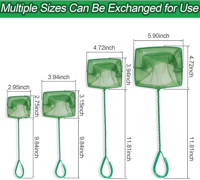 4 Pack Aquarium Fish Net 4 Sizes Quick Catch Mesh Nylon Fishing Catch Nets Square Fish Nets with Handle (3in, 4in, 5in, 6in)