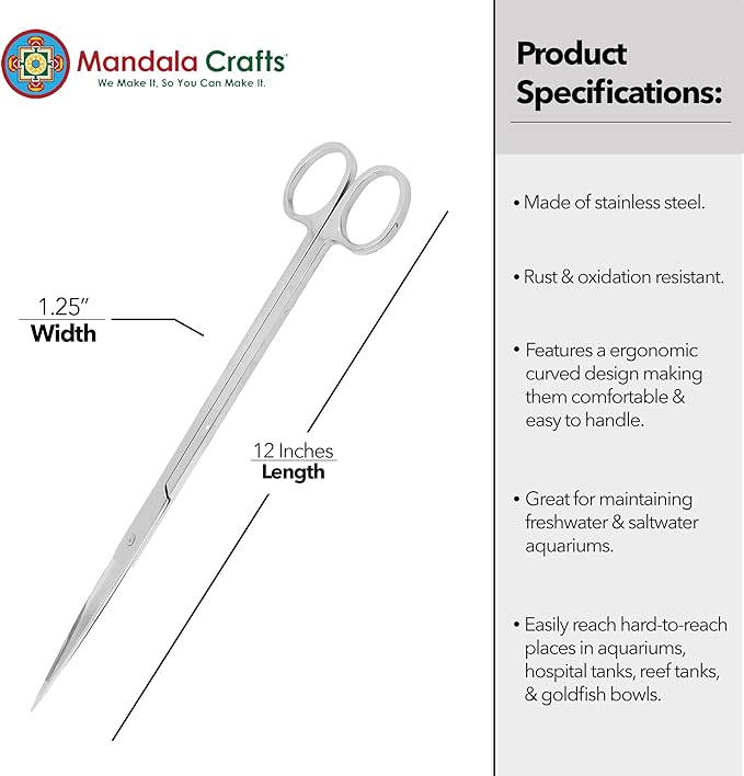 Mandala Crafts 12 Inches Silver Stainless Steel Straight Aquarium Scissors for Trimming Aquatic Plants – Long Aquascape Scissors for Fish Tanks, Hospital Tanks, Goldfish Bowls, and Terrariums