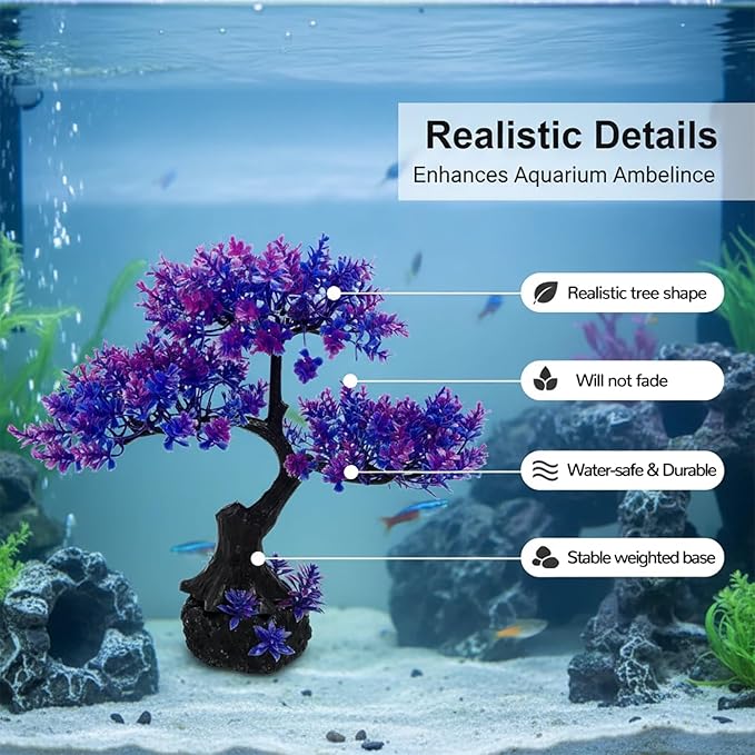 Mipukbay Aquarium Plants Tree - Purple Artificial Plastic Fish Tank Decor, Realistic Ornament Safe for Fish & Shrimp, Low-Maintenance Aquascaping Plants for Freshwater/Saltwater Tank Landscaping