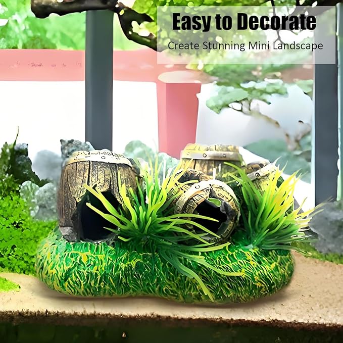 Aquarium Decorations Cave – Resin Fish Tank Ornament Barrel Hideout for Betta, Shrimp & Small Fish, Rock Cave Shelter Breeding & Hiding Decor Broken Barrel Aquarium Decoration (Broken Barrel-01)