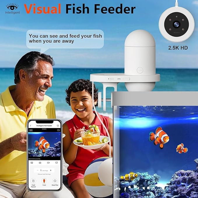 Automatic Fish Feeder, 2.5K HD Camera WiFi App Control Timer Fish Food Dispenser with Reusable Adhesive Tape, for Glass or Acrylic Aquariums