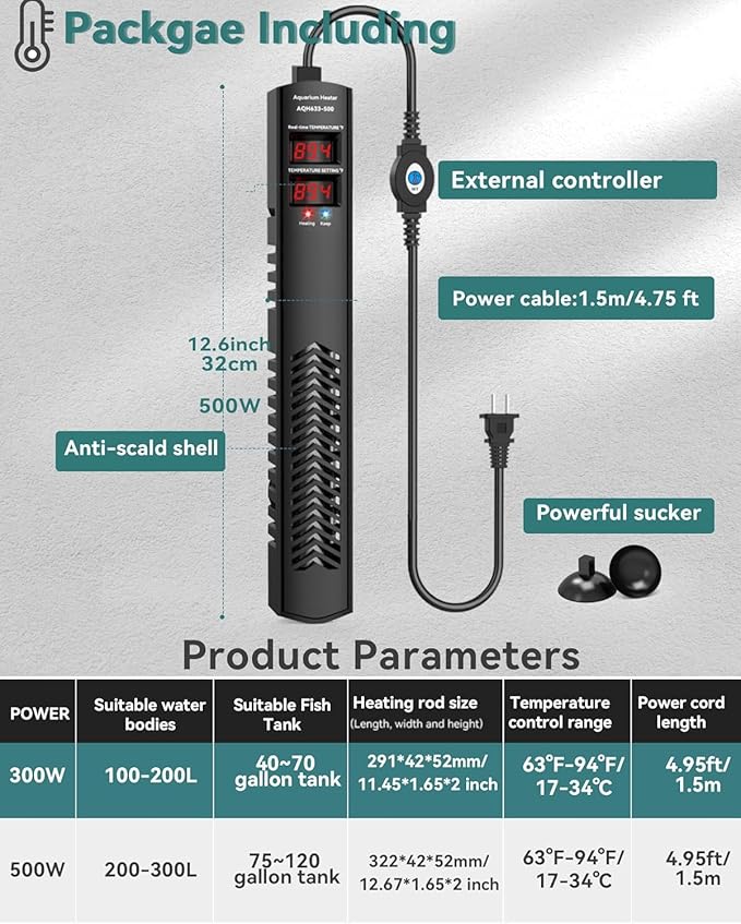 AHJ Aquarium Heater for 75 100 120 Gallon, 500W Submersible Fish Tank Water Heater with Accurate Temperature Control, Over-Temp Protect, Auto Shut-Off, Quick Heat up for Saltwater & Freshwater