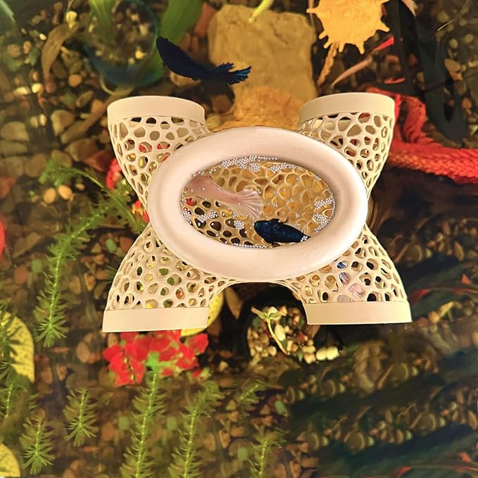 Aquarium Floating Betta Fish Log, Hide Tunnel and Hammock Toy, Small Fish Or Shrimp Hide Resting Cave, Floating Feeder, Feeding Ring, Tank Accessories Decoration (Wood Color)