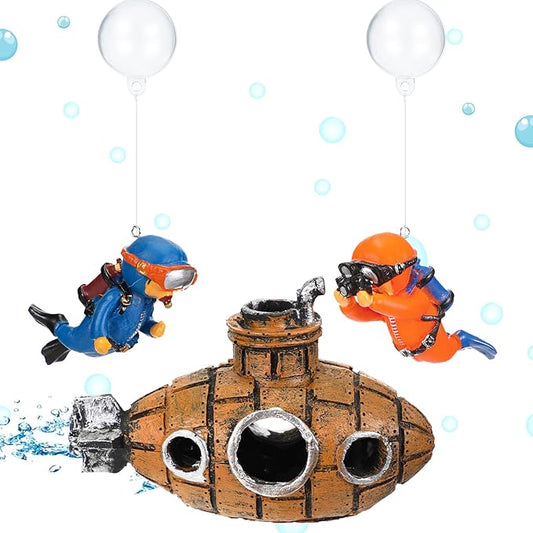 Christmas Aquarium Decorations Floating Fish Tank Air Pump Decorations Include Hanging Lovely Diver for Aquarium and Retro Old Submarine Wreck Ornament Artificial Resin Accessories for Fish Tanks Pool