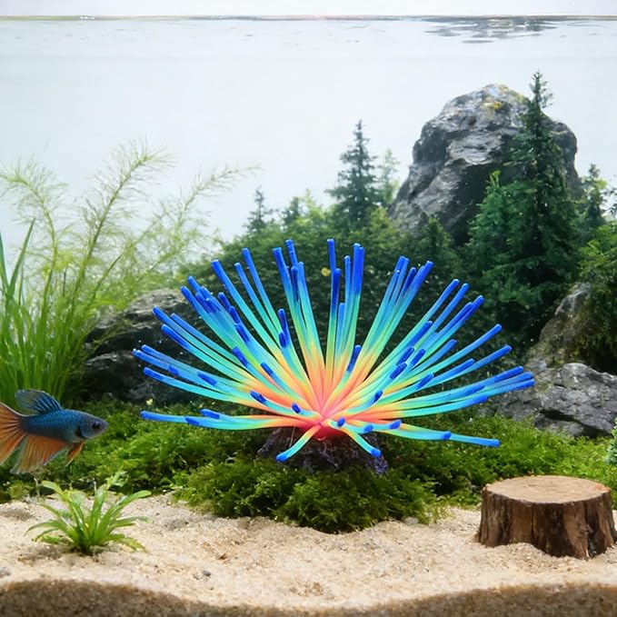 Fluorescent Rainbow Sea Urchin Aquarium Decor - Glows Under Blue Light, Weighted Silicone Ornament for Fish Tank with Swaying Spines, Saltwater & Freshwater, Vibrant Aquascape Centerpiece (Blue)
