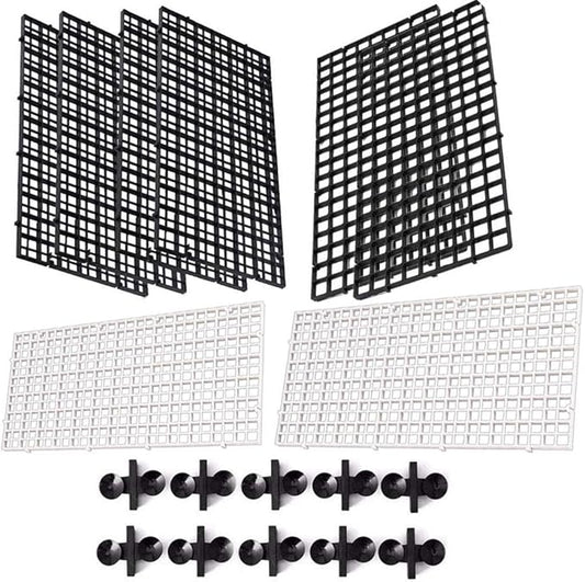 8 Pcs Aquarium Grid Divider Tray Egg Crate Aquarium Fish Tank Filter Bottom Isolation Board Partition Net Pane for Mixed Breeding,10 Pcs Sucker Clips Suction Cups,White and Black