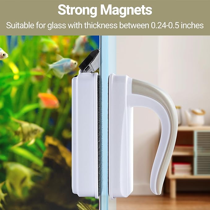 Yaubay Aquarium Magnet Glass Cleaner, Magnetic Fish Tank Cleaner with Algae Scraper, Double Sided Cleaning Scrubber Brush with Handle, Titanium Blade, Self-Floating, Fit 1/4"-1/2" Thick Glass, Large