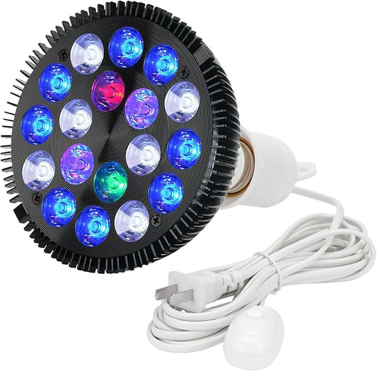LED Aquarium Lights Bulb 18W Saltwater Fish Tank Light Full Spectrum Aquatic Plants Grow Lamp Refugium Light with UV Blue White Red Green LEDs Reef Lights for Coral Marine Algae Turtle Habitat