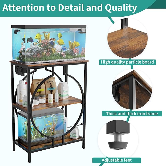HavenlyYouth 10 Gallon Aquarium Stand with Power Outlet, 3 Tier Heavy Duty Metal Fish Tank Stand with Storage, Fish Tank Table for Home Office, 21.3" x 11.8" x 29", Rustic Brown