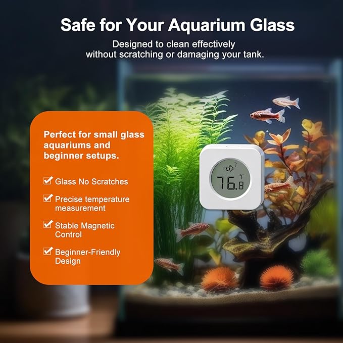 Nano Aquarium Magnetic Algae Scraper, Built-in High Accuracy Digital Aquarium Thermometer, 2 in 1 Fish Tank Glass Cleaner Tool for 1-30 Gallons Glass Tank