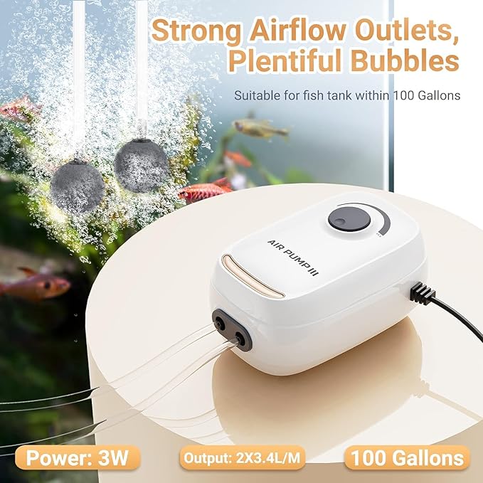 MoonOrange 3W/6W Aquarium Air Pump, Adjustable Aquarium Aerator with 2-Outlet, Super-Powerful & Quiet Oxygen Pump for Fish Tanks up to 100/200 Gallon with Full Accessories.(Upgrade Noise-Reduce)