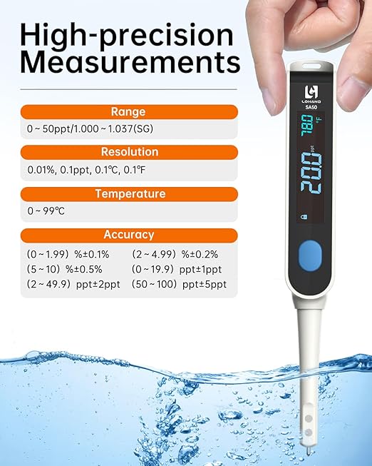 Salt Tester, Platinum Electrode & Concave Surface for Lab-Grade Accuracy, Digital Salinity Meter for Aquaculture/Saltwater/Aquarium, Range: 0-50ppt/1.000～1.037(SG)