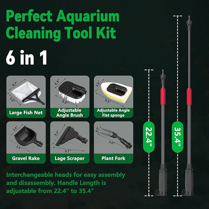 Aquarium Clean Tool 6 in 1 Fish Tank Cleaning Kit, Multi-Use Fish Tank Cleaner Brush, Algae Scraper Scrubber Pad Adjustable Long Handle Fish Tank Brush for 20-160 Gallon Acrylic & Glass Tank (L)
