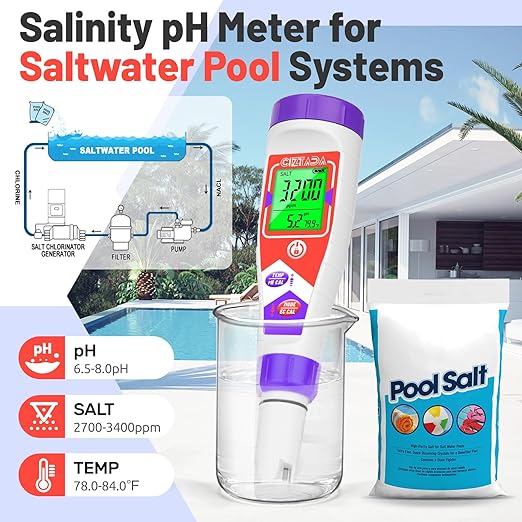 Pool Salt Tester for Swimming Pool Salinity Tester and pH Meter for Saltwater 5 in 1 Digital Salinity pH EC TDS Temp Meter with 35ppt Calibration Solution for Hot tub, Reef Aquarium, Koi Pond