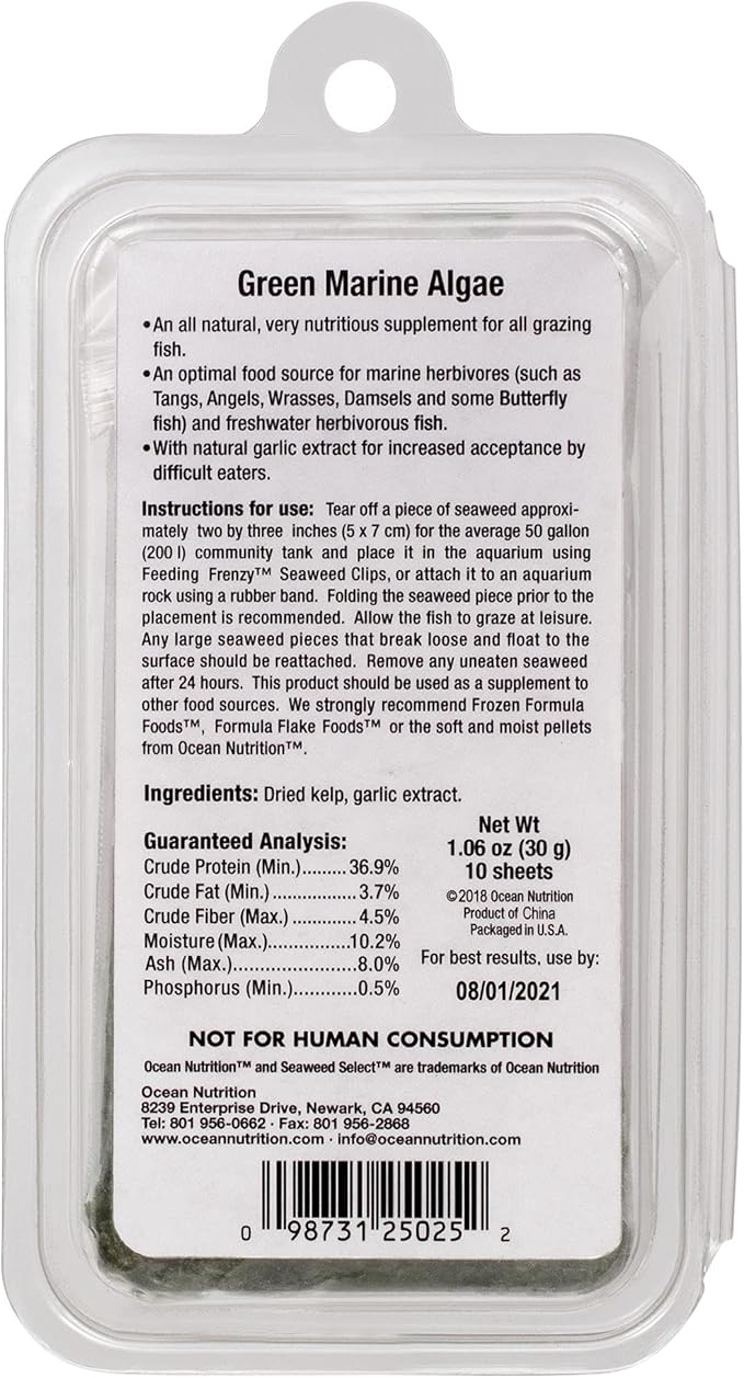 Ocean Nutrition Seaweed Select Green Marine Algae - Nutritious Fish Food for Herbivorous Marine Fish, Live Fish & Invertebrates - Natural Seaweed Sheets with Garlic Extract - 10 Sheets, 1 oz (30g)