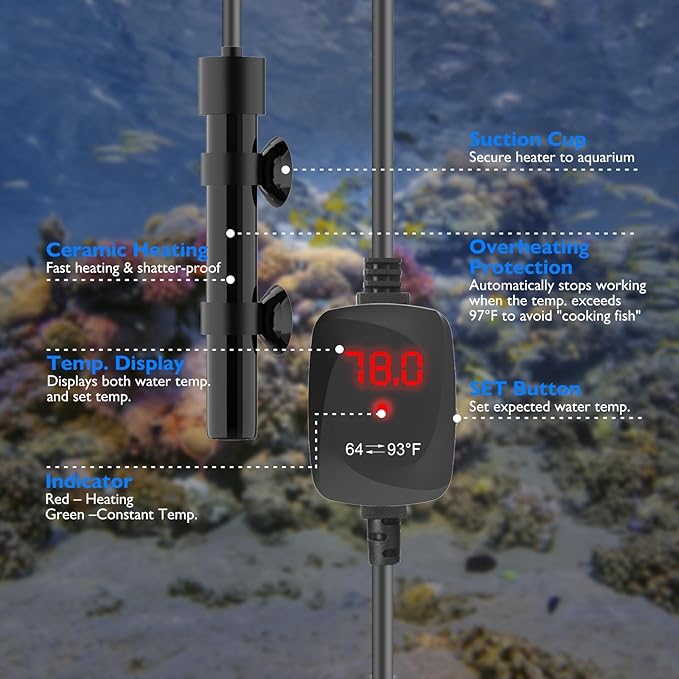 Mini Aquarium Heater 15W Super Small Fish Tank Heater with Digital Display Thermostat, Alumina Ceramic Betta Tank Heater Turtle Heater for 1-3 Gallon Tanks
