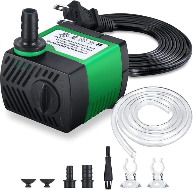 CWKJ 80GPH Submersible Water Pump, 4W 300L/H, 4.9ft Tubing (1/3-Inch ID), 3 Nozzles for Aquarium, Pond, Fish Tank, Hydroponics